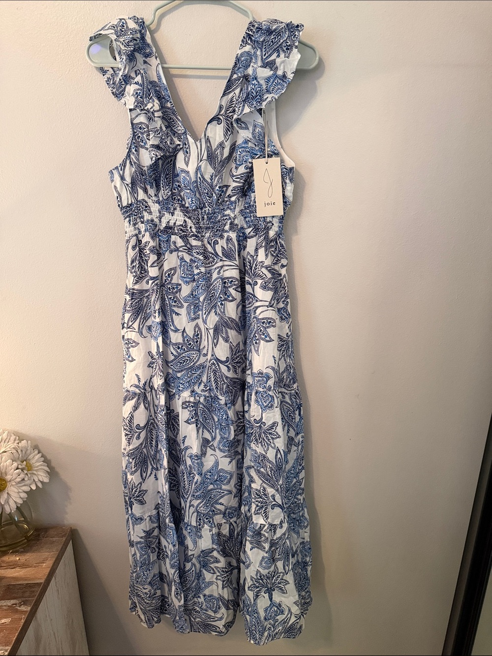Joie Blue and White Pattern Ruffle Sleeve Midi/Maxi Dress (Size: M)